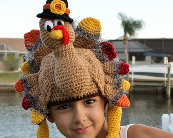 Patrón de sombrero de ganchillo de pavo de Acción de Gracias / Pavo con sombrero de peregrino / Patrón divertido de Acción de Gracias para niños pequeños, niños y adultos