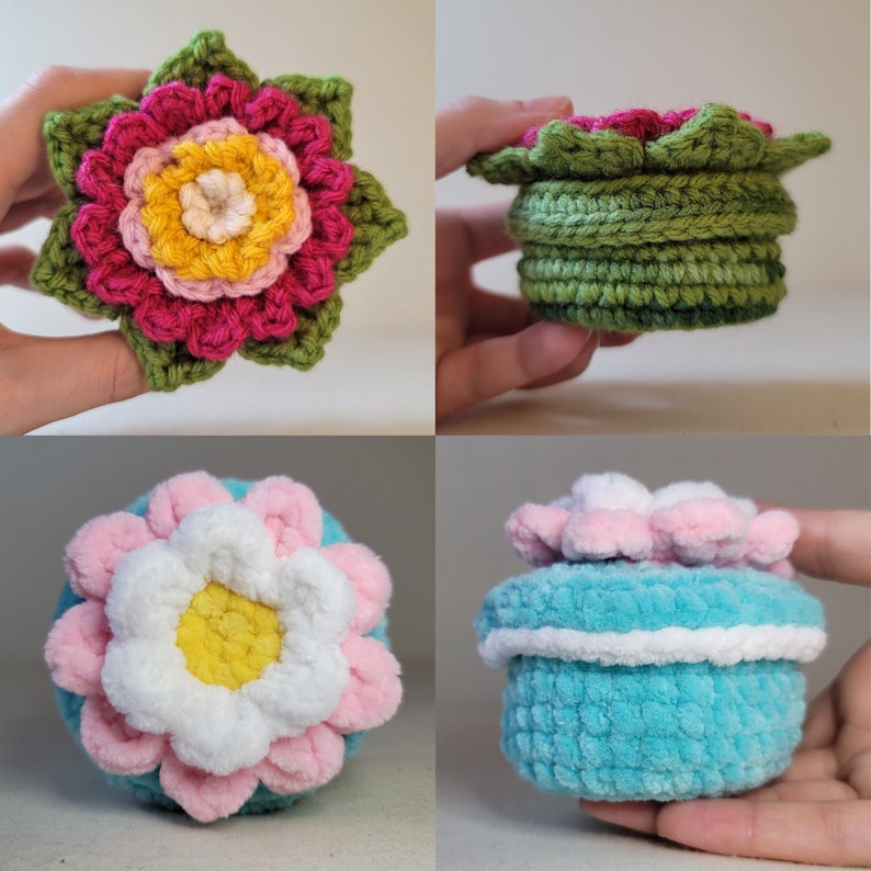 May include: Four crocheted flower-shaped boxes in different colours and styles. The boxes are made with a variety of yarns, including green, pink, white, and blue.