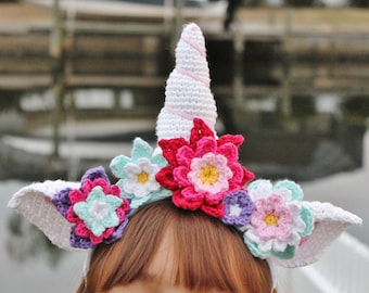 Crochet Unicorn Horn Headband Pattern | Unicorn Crochet Headband Tutorial with Flowers & Ears | One Size | PDF Pattern