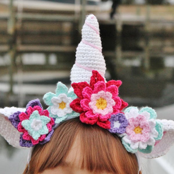 Crochet Unicorn Horn Headband Pattern | Unicorn Crochet Headband Tutorial with Flowers & Ears | One Size | PDF Pattern