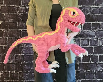 Handmade Pink Crochet Velociraptor Plushie | PHYSICAL ITEM (Made by a Human)