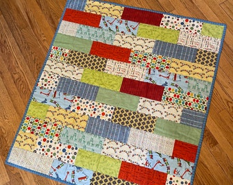 Baby Quilt - Little Engine That Could, Trains, Sccoters, Helicopters, Giraffes, Stroller Blanket, Tummy Time, Modern Patchwork