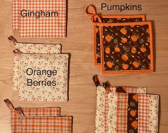 Set of 2 Pot Holders, Fall, Autumn, Thanksgiving, Pumpkins, Farmhouse, Plaid, Gingham, Hostess gift, Chef's gift