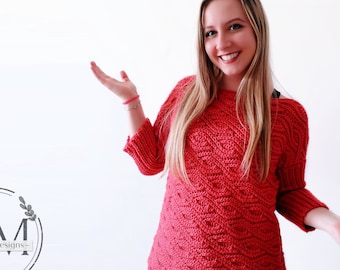 CROCHET PATTERN- MONTANA Knit-look Cabled Pullover, Jumper, Sweater, Woman, Textured, Ribbed