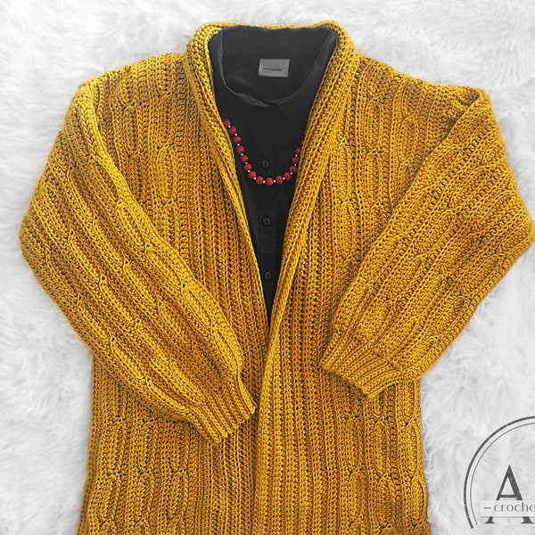 CROCHET PATTERN- Cables cardigan,knit-look,ribbed,stretchy,waving,texture,sweater,pullover,loose fit,adult,woman,teen,XS to 4XL,