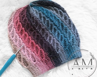 CROCHET PATTERN- BEATRICE Knit-look Cropped Beanie, Hat, Textured, Ribbed, Geometrical