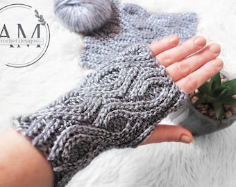 CROCHET PATTERN- MONTANA knit-look fingerless gloves,mittens,wrist warmers,textured,ribbed,stretchy,adult,teens,woman,girl,winter,cables