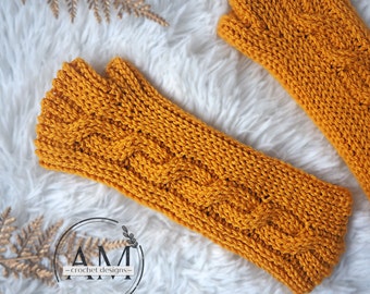 CROCHET PATTERN- 3D cables knit-look fingerless gloves, wrist warmers,textured,ribbed,stretchy,adult,teens,woman,girl,fall,winter,tutorial