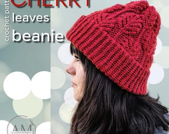 CROCHET PATTERN- CHERRY Leaves Knit-Look Beanie, Ribbed Hat, Textured, Brimmed