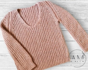 Crochet pattern- knit-look SOFT SWEATER,V-neck,jumper,pullover,loose fit,adult,woman,teen,raglan sleeve,small to plus sizes,textured,ribbed