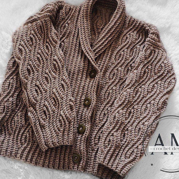 CROCHET PATTERN- MONTANA2 Cabled Knit-look Cardigan, Unisex, Jumper, Sweater, Multiple Sizes, Textured, Ribbed