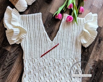 CROCHET PATTERN- MADRID Summer Top, Knit-look Tee, Any Size, Textured, Ribbed, Cables