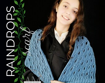 CROCHET PATTERN- RAINDROPS Knit-look Scarf, Shawl, Cowl, Textured, Ribbed, Blanket, Stitchery