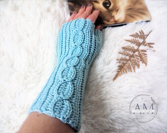CROCHET PATTERN- Cabled Knit-look Fingerless Mittens, Gloves, Wrist Warmers, Textured, Ribbed