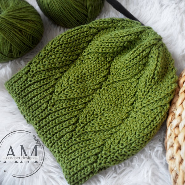 CROCHET PATTERN- LEAFY Knit-look Slouchy Beanie, Hat, Leaves, Textured, Ribbed, Variegated Yarn