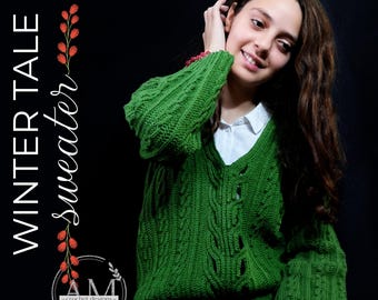 CROCHET PATTERN- WINTER Tale Knit-look V-Neck Pullover, Sweater, Blouse, Jumper,  Woman, Teen, Any Size, Textured, Ribbed