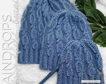 CROCHET PATTERN- RAINDROPS Knit-look Cabled Beanie,  Hat, Textured, Ribbed, Baby to Adult