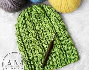 CROCHET PATTERN- ALPINA Knit-look Cabled Beanie, Hat, Textured, Ribbed,  Unisex