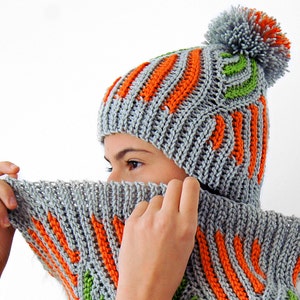CROCHET PATTERN- PANDORA knit-look beanie,hat,textured,ribbed,stretchy,2 or 3 colors,adult,teens,woman,girl,fall,winter,set with cowl
