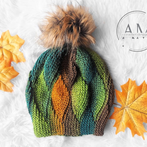 CROCHET PATTERN- LEAFY Knit-look Beanie, Hat, Leaves  display picture 1