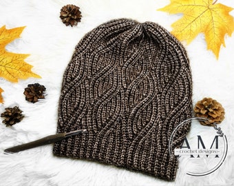 CROCHET PATTERN- GIANNA knit-look slouchy cropped beanie,hat,geometrical,textured,ribbed,adult,teens,woman,fall,winter,tutorial,cables