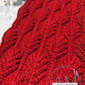 May include: A close-up of a vibrant red crocheted blanket with a textured leaf pattern. The blanket is made of thick yarn and has a soft, inviting appearance. The blanket is a handmade item, perfect for home decor.