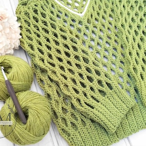 Crochet pattern- knit-look HOLEY SWEATER,V-neck,jumper,pullover,loose fit,adult,woman,teen,summer,small to plus sizes,textured,ribbed