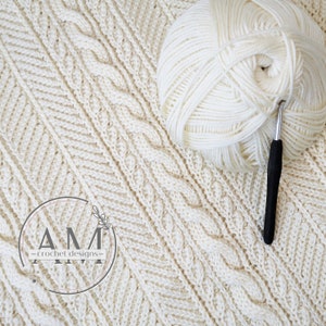 CROCHET PATTERN- ALPINA knit-look cabled blanket, baby,throw,lapghan,queen,textured,cables,ribbed,tutorial