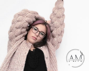 Modèle au crochet - CARDIGAN À BOBBLES, pull, pull, coupe ample, adulte, femme, adolescent, hiver, tailles petites à grandes, texturé, côtelé, pull