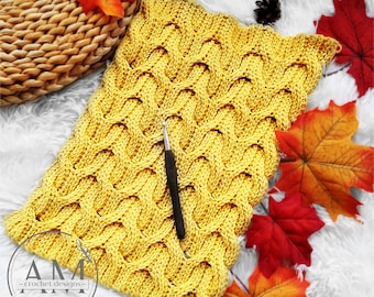 CROCHET PATTERN- MIRRORED Knit-look Cabled Stitchery for Any Rectangular Pieces, Scarf, Shawl, Blanket, Textured, Ribbed