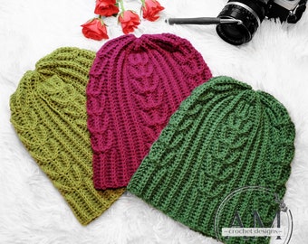 CROCHET PATTERN- CACTUS Knit-look Beanie, Hat, Leaves, Textured, Ribbed, Matching Cowl