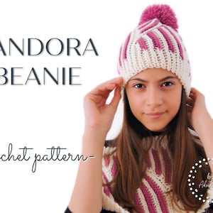 May include: A crochet pattern for a pink and white striped beanie with a pom pom on top. The pattern is called "Pandora Beanie" and is by "Alhambra1".