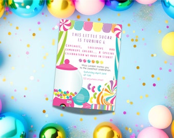 faire-part de Candyland | faire-part d'anniversaire | invitation modifiable | fête d'enfants | invitation pour enfants | anniversaire de bonbons | Invitation à une fête au pays des bonbons