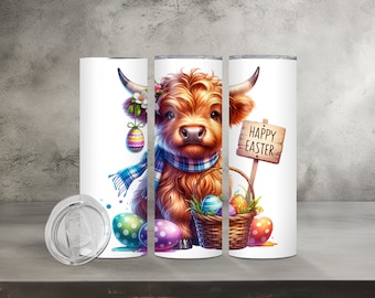 Highland Cow with Easter Sign and Easter Basket 20 oz Skinny Tumbler