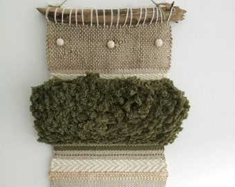 Handwoven Green Tapestry Wall Hanging: Bohemian Jute & Cotton Art