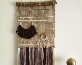 Rustic home decor Jute Hanging woven tapestry Woven wall hanging Circular weaving cotton and ceramic beads fibre art