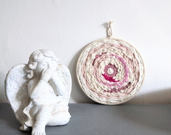 Small Pink Round Tapestry, Rustic Fiber Art Wall Decor (15.5 cm)