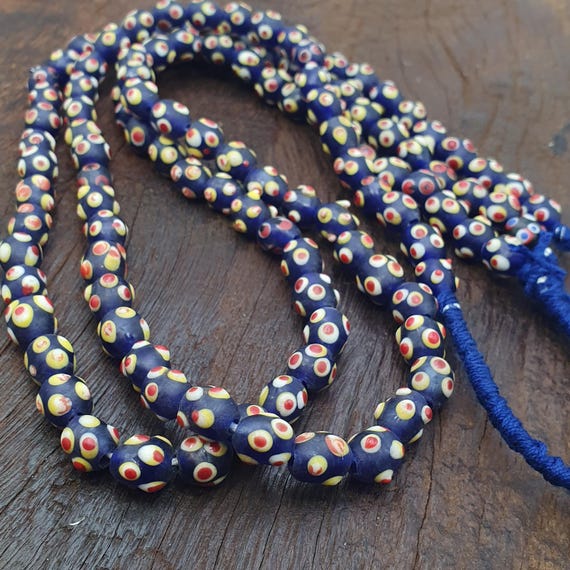 Venetian Style Blue, African Trade Beads, Handcrafted Jewelry | Glass | 9mm, 22in Strand - Eye Motif