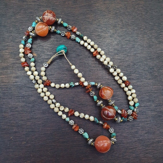 Turquoise shell pearl agate stone tibetan nepal necklace boho ethnic jewelry 40"