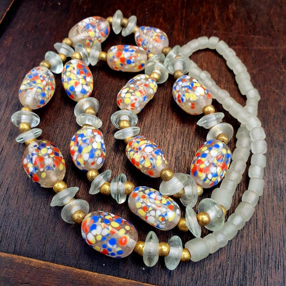 Vintage Murano Style Millefiori Art Glass Bead Necklace Confetti Speckled