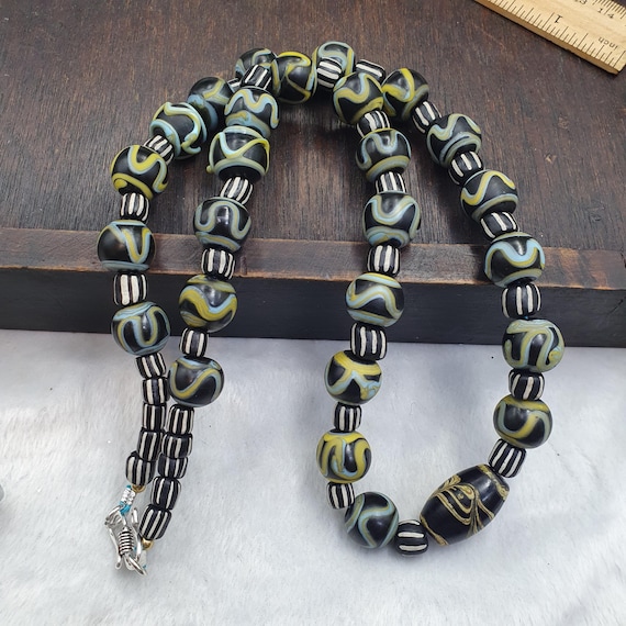 Old Black Yellow & Blue Venetian Style Glass Bead Necklace Wave Pattern Jewelry - Handmade Boho Statement Necklace - Gift for Her