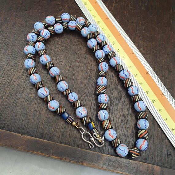 Venetian Style Beaded Necklace, Blue Red Black 10mm Round Beads, Artisan Statement Jewelry, Colorful Boho Necklace, Unique Gift for Her