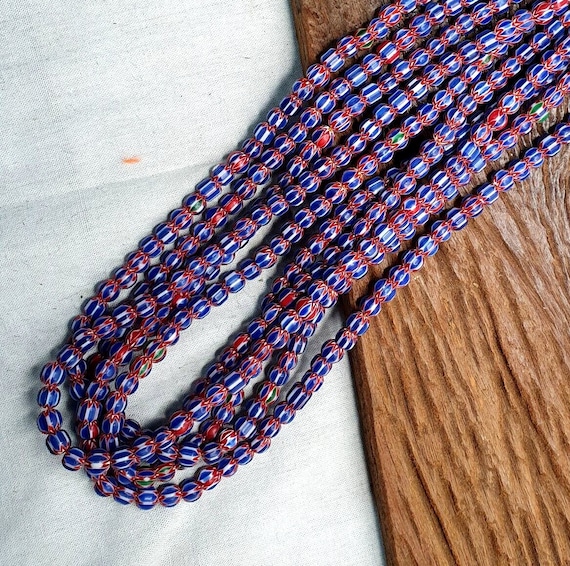 Vintage blue chevron beads venetian african inspired 7.5-8mm beads long strand