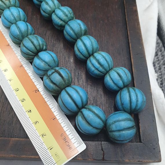 Turquoise Blue Glass Melon Beads, Old Fluted Trade Bead Strand with Aged Patina, Ethnic Tribal Beads for Jewelry Making