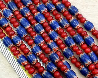 青、白、赤の縞模様のガラス製シェブロンビーズ 15 個セット - 約 9 x