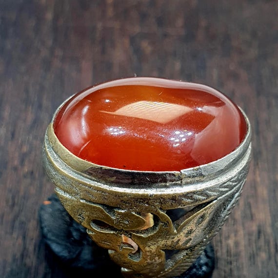Vintage Red Carnelian Ring - Natural Yemeni Aqeeq Agate Gemstone - Men's Mixed Metal Filigree Band
