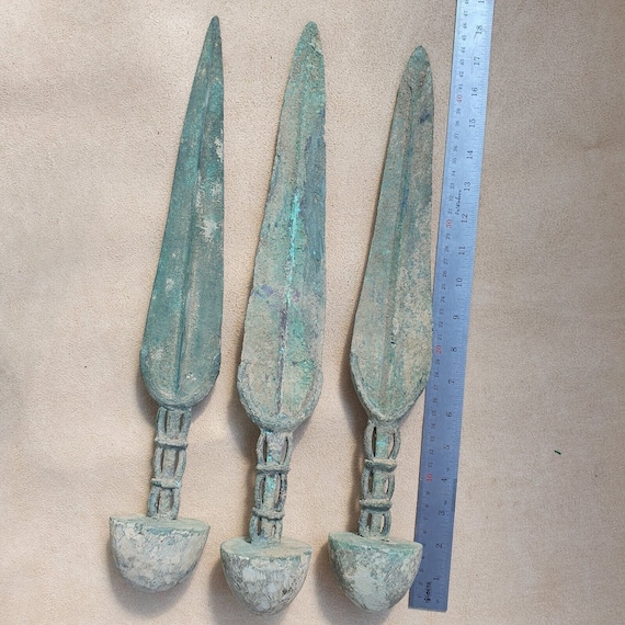 Lot 3 ancient greek era bronze sword with lunar & decorated handle #sw9