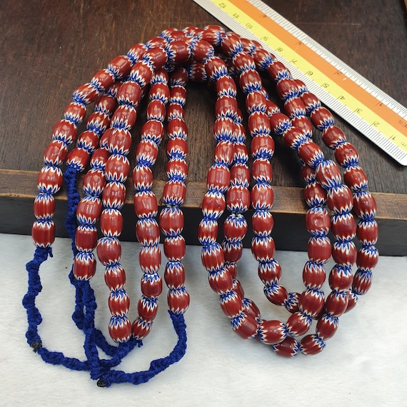 Vintage venetian style Maroon, blue chevron 9.5mm beads 24" long strand