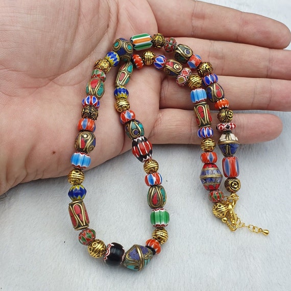 Vintage tibetan nepalese beads chevron glass beads brass gold plated necklace #1Gift