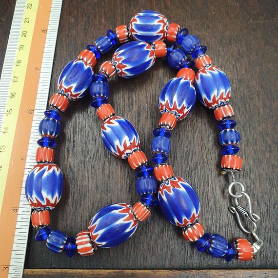 Venetian inspired African Blue Glass Chevron Multi layers Beads Necklace